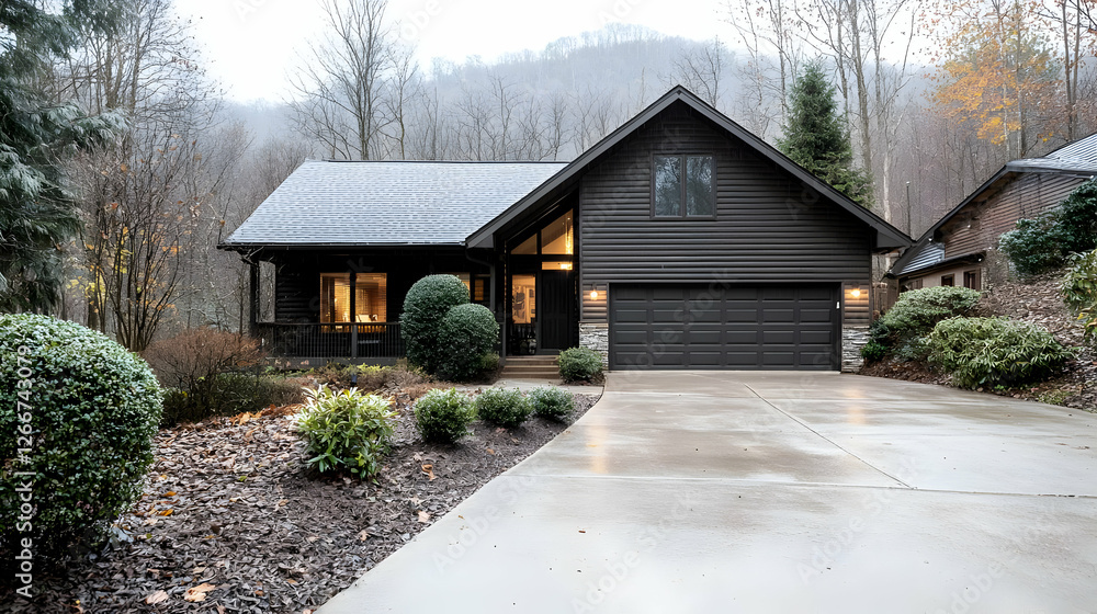 Modern mountain home, driveway, autumn landscape. Real estate listing image Modern mountain home, driveway, autumn landscape. Real estate listing image