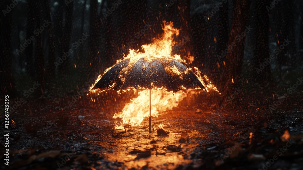 Burning umbrella in rainy forest; surreal, dramatic scene; conceptual art Burning umbrella in rainy forest; surreal, dramatic scene; conceptual art