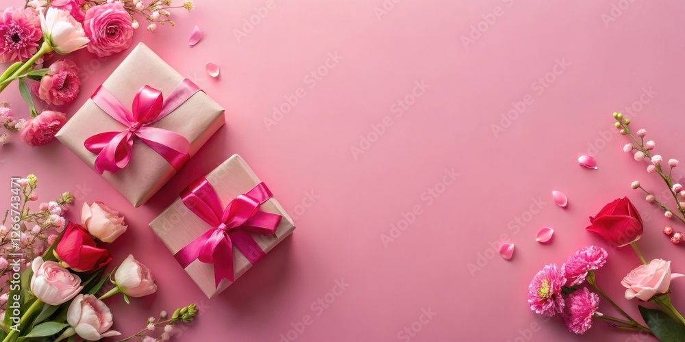 Pink Presents and Delicate Blossoms Arranged on a Soft Pink Background for a Festive Celebration Pink Presents and Delicate Blossoms Arranged on a Soft Pink Background for a Festive Celebration