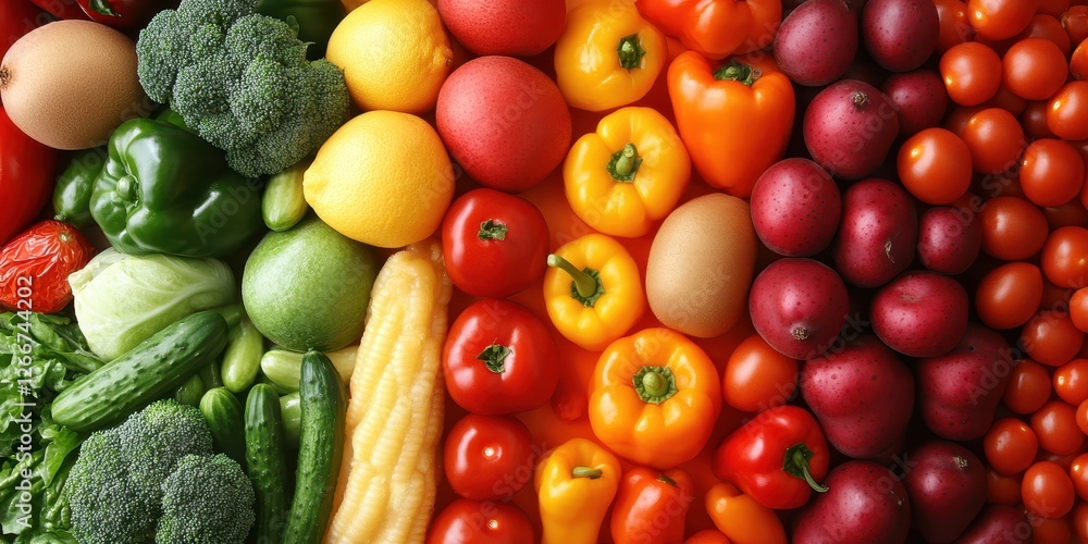 Colorful variety of fresh fruits and vegetables displayed closely Colorful variety of fresh fruits and vegetables displayed closely