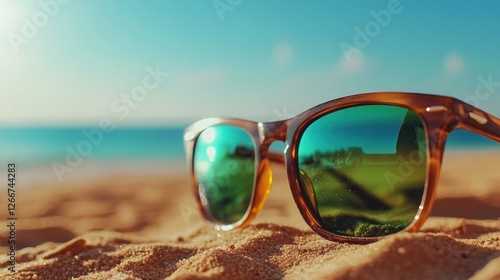 Wallpaper Mural Beach Sunglasses Reflecting Ocean on Sandy Shore Torontodigital.ca