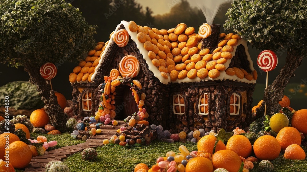 A real picture of an orange and chocolate house, a roof made of oranges and chocolate, a tree made of oranges and chocolate, lollipops and candy. A real picture of an orange and chocolate house, a roof made of oranges and chocolate, a tree made of oranges and chocolate, lollipops and candy.
