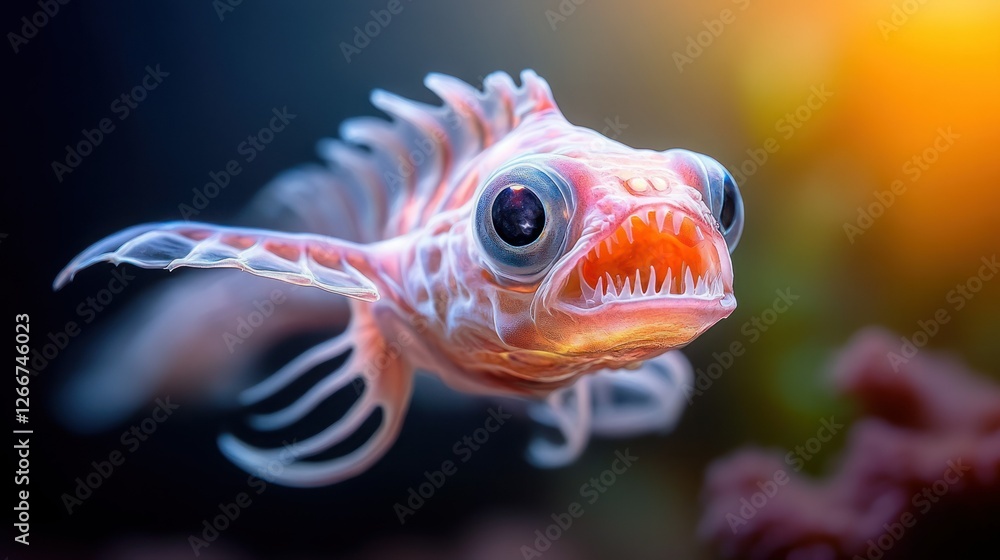 Fototapeta premium Close-up of a colorful fish in aquarium, vibrant coral reef background