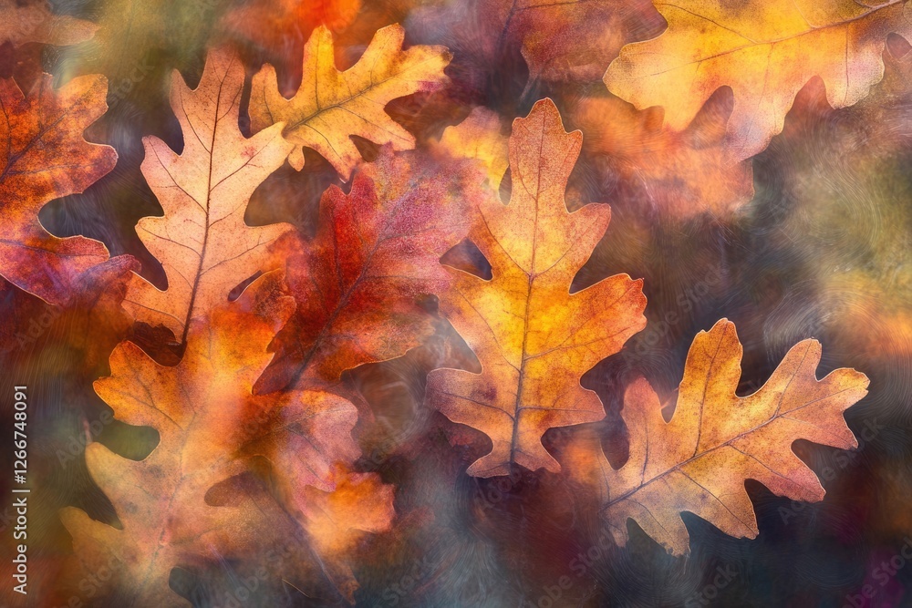 Autumn oak leaves in warm, earthy tones, captured with a dreamy, ethereal effect. Autumn oak leaves in warm, earthy tones, captured with a dreamy, ethereal effect.
