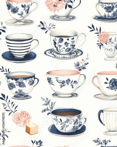 Wallpaper Mural Cute teacups pattern background for cafes, greeting cards, scrapbooking, and packaging design Torontodigital.ca