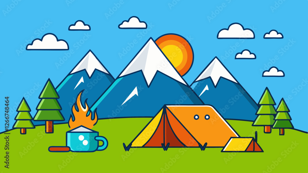 camping scene with tent campfire and mountains camping scene with tent campfire and mountains