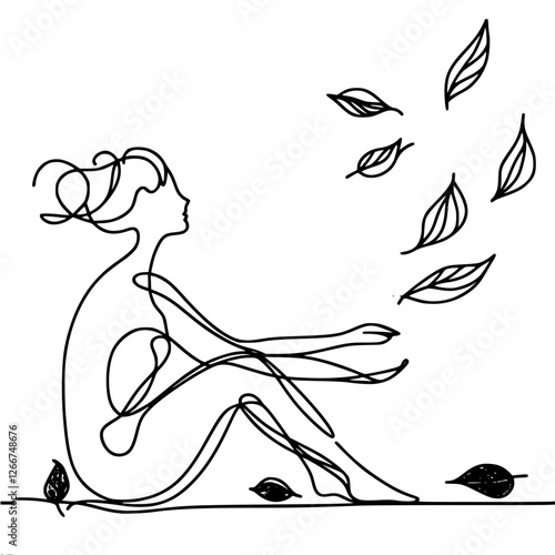 Linear contour vector drawing of a seated female figure with fluttering leaves, symbolizing the autumn mood and tranquility of nature.