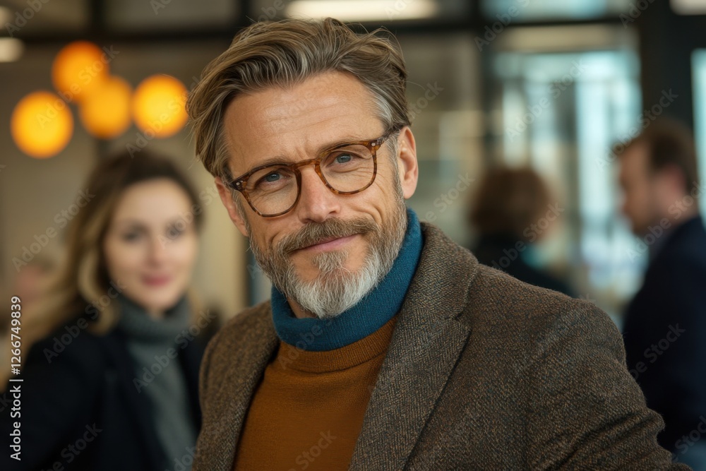 business man with glasses and a beard is looking at the camera, a woman is out of focus in the background. a psychologist or a financier. business man with glasses and a beard is looking at the camera, a woman is out of focus in the background. a psychologist or a financier.