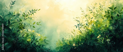 tropical watercolor illustration of lush green leaves soft pastel flowers nature bright airy composition