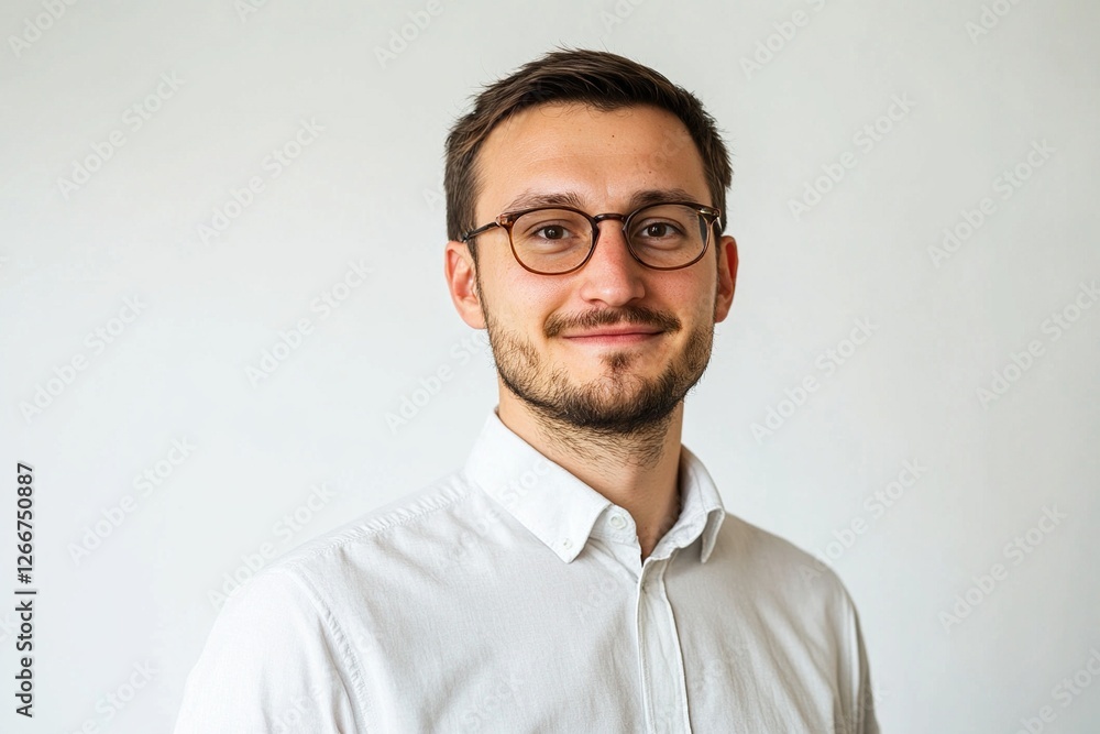 Young Man Smiles Confidently, Wearing Glasses, Portrait, White Shirt, Positive Attitude, Professional Image, Happy Expression, Casual Style, Clean-Shaven, Studio Background, Man's Fashion. Young Man Smiles Confidently, Wearing Glasses, Portrait, White Shirt, Positive Attitude, Professional Image, Happy Expression, Casual Style, Clean-Shaven, Studio Background, Man's Fashion.