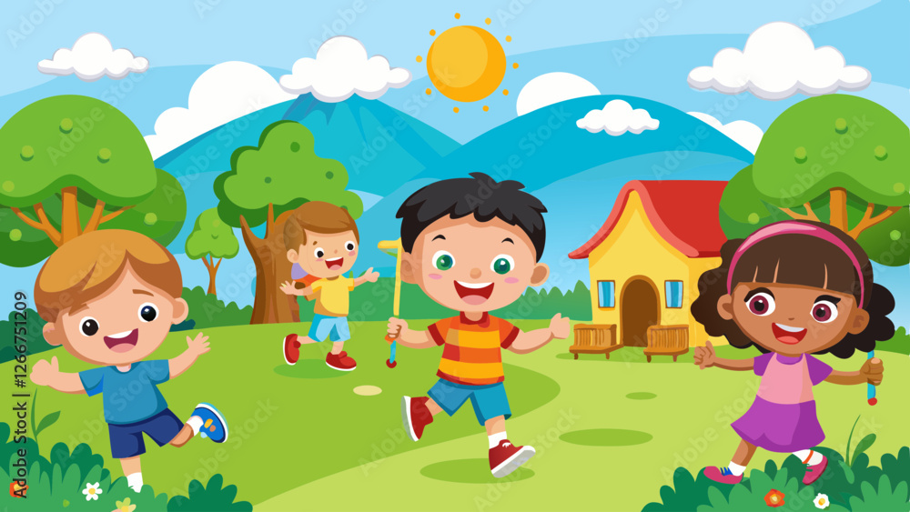 Cartoon children playing outdoors illustration, sunny day, smiling kids, diverse group, playful poses Cartoon children playing outdoors illustration, sunny day, smiling kids, diverse group, playful poses