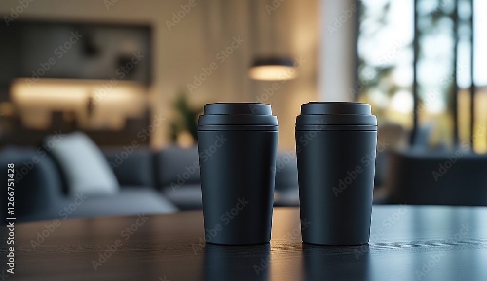 Two Black Reusable Coffee Cups Sit on Table in Modern Living Room Interior Design Two Black Reusable Coffee Cups Sit on Table in Modern Living Room Interior Design