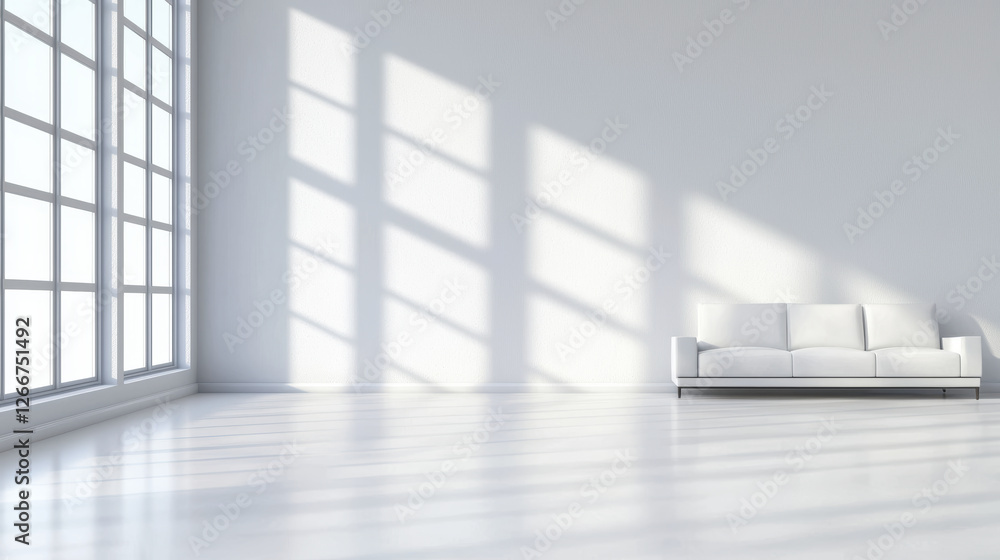 Fototapeta premium bright, minimalistic interior featuring white sofa against large windows casting shadows