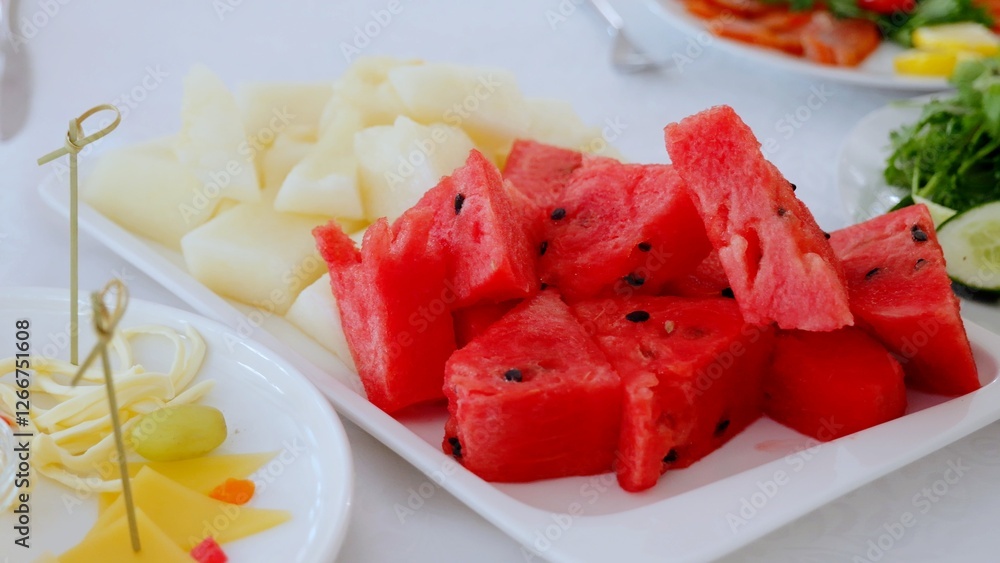 Ripe watermelon and sweet melon chunks displaying colorful freshness on white ceramic plate, presenting summer refreshment with natural flavor and nutritional appeal Ripe watermelon and sweet melon chunks displaying colorful freshness on white ceramic plate, presenting summer refreshment with natural flavor and nutritional appeal