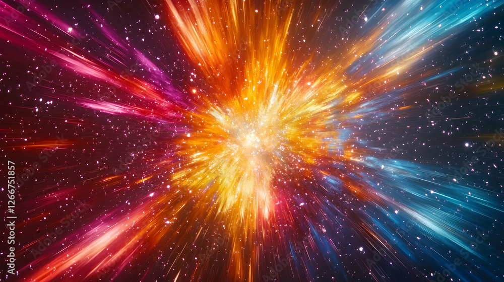 Naklejka premium Abstract Cosmic Explosion Bursting with Vibrant Colors and Shining Stars