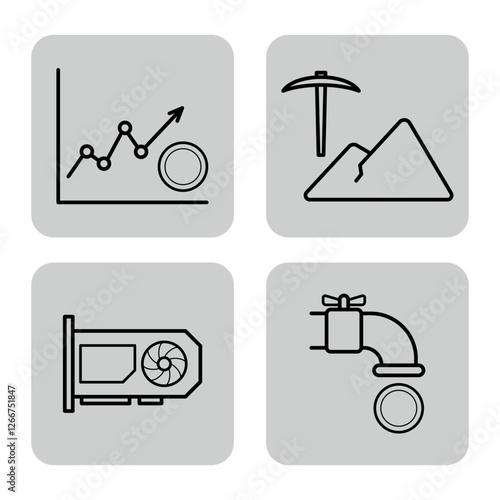 Collection of icons related to finance, including rising graph, mining tools, industrial equipment, and plumbing symbols