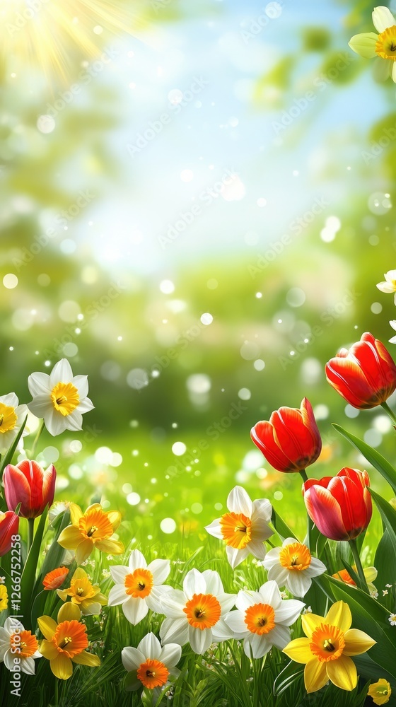 Vibrant Spring Garden with Tulips and Daffodils Under Sunny Skies Vibrant Spring Garden with Tulips and Daffodils Under Sunny Skies