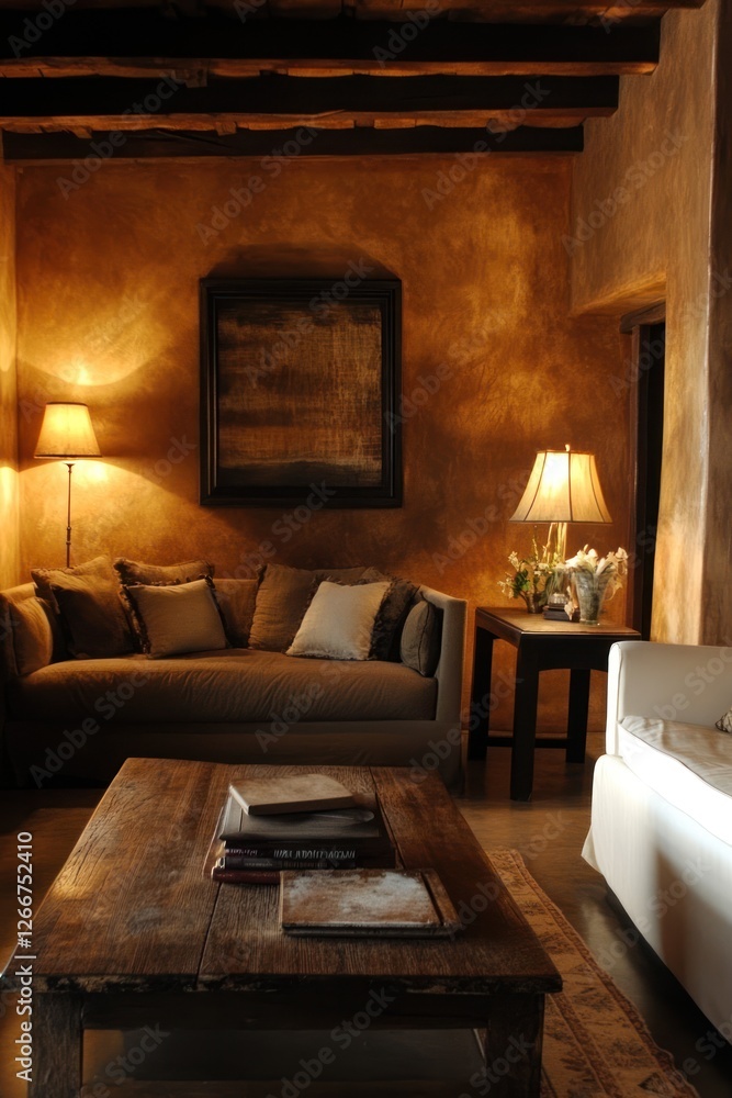 Cozy living room, Southwestern style, warm lighting, rustic d?cor, interior design Cozy living room, Southwestern style, warm lighting, rustic d?cor, interior design