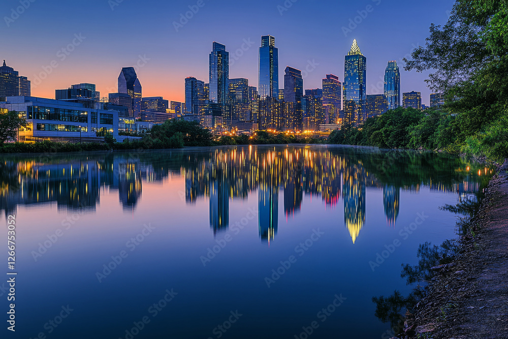 Stunning city skyline at dusk with illuminated skyscrapers reflecting on calm water, creating a vibrant and picturesque urban landscape. Stunning city skyline at dusk with illuminated skyscrapers reflecting on calm water, creating a vibrant and picturesque urban landscape.