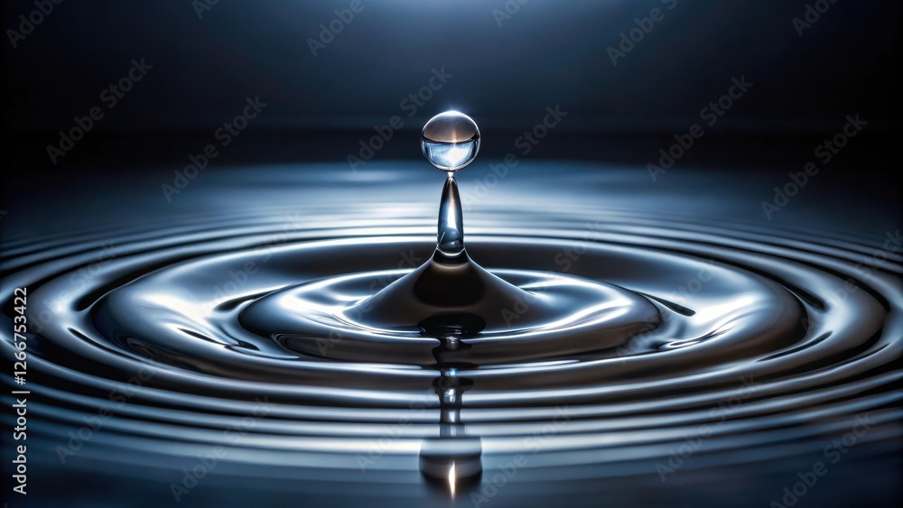 A single droplet of water impacting a still surface, creating concentric ripples and a mesmerizing reflection A single droplet of water impacting a still surface, creating concentric ripples and a mesmerizing reflection