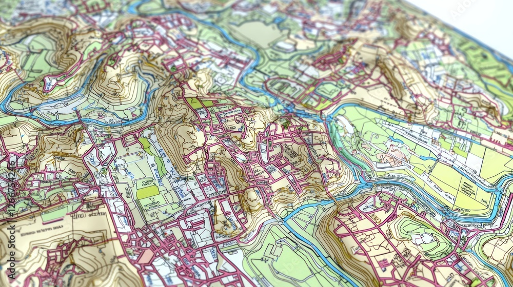 Detailed 3D relief map of urban area with terrain and rivers Detailed 3D relief map of urban area with terrain and rivers