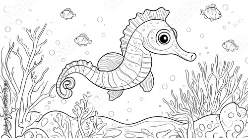 Cute seahorse coloring page underwater scene photo