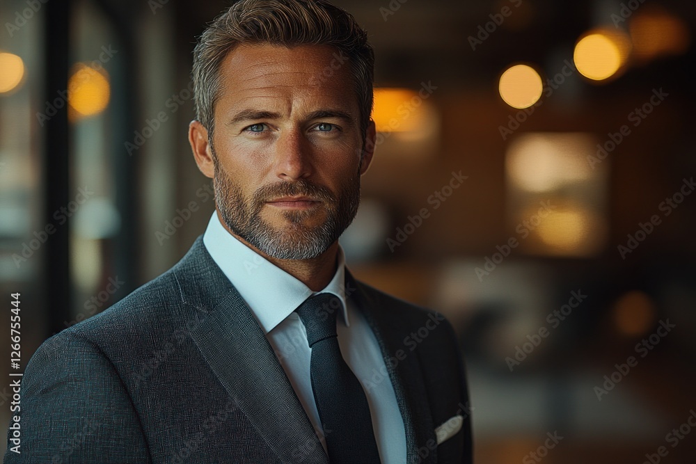 Confident businessman in tailored suit standing in modern office Confident businessman in tailored suit standing in modern office