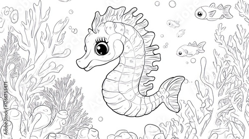 Cute seahorse coloring page, underwater coral reef background, educational kids activity, coloring book photo