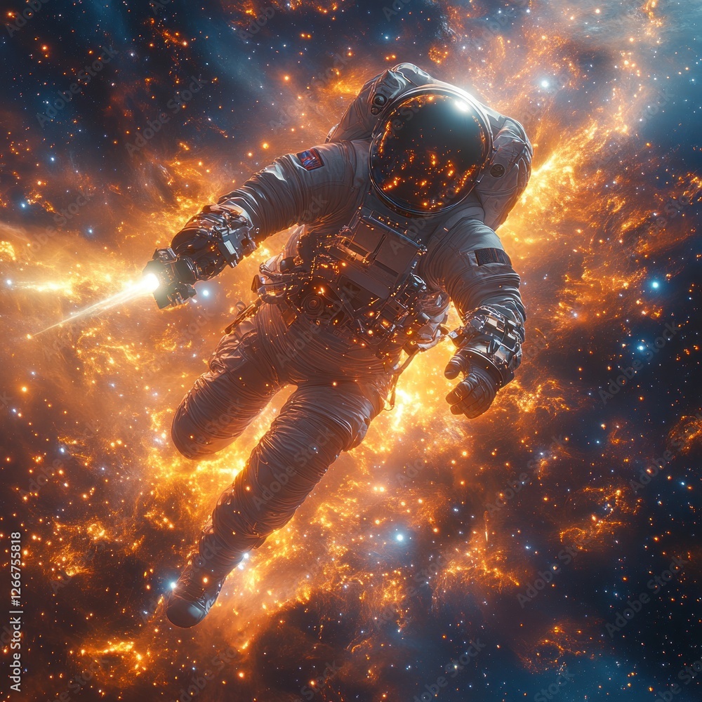 Fototapeta premium Futuristic Astronaut Floating in Deep Space with Glowing Space Suit and Distant Stars