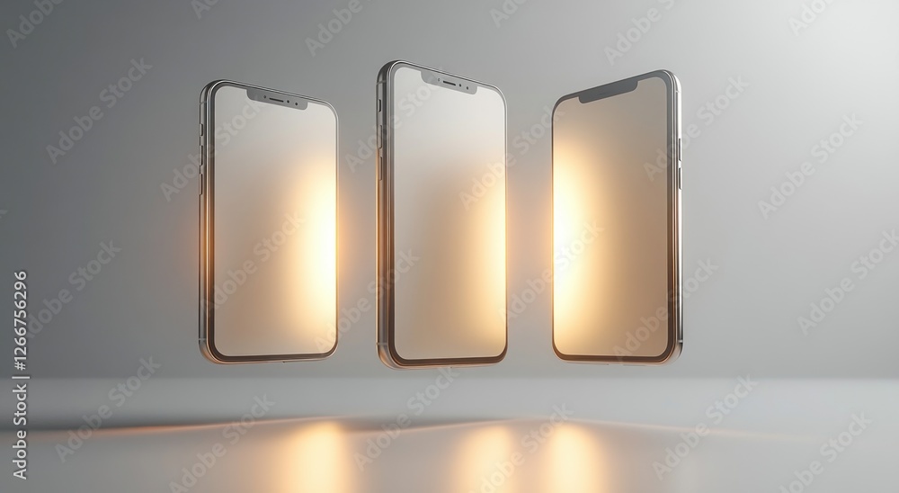 Minimalistic Composition of Floating Smartphones in Modern Style with Soft Natural Lighting on White Background Minimalistic Composition of Floating Smartphones in Modern Style with Soft Natural Lighting on White Background