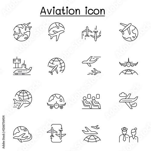 Aviation and airport icon set in thin line style