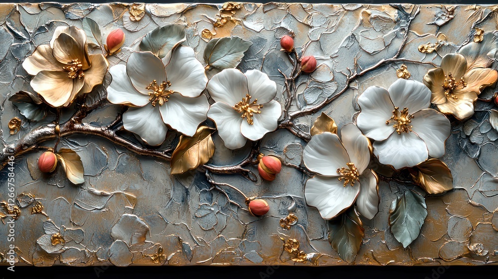 Fototapeta premium Elegant 3D Floral Artwork: Golden and White Blossoms on Textured Canvas