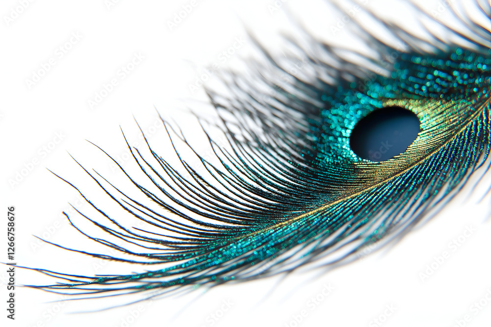 Fototapeta premium a iridescent teal feather isolated on white background.