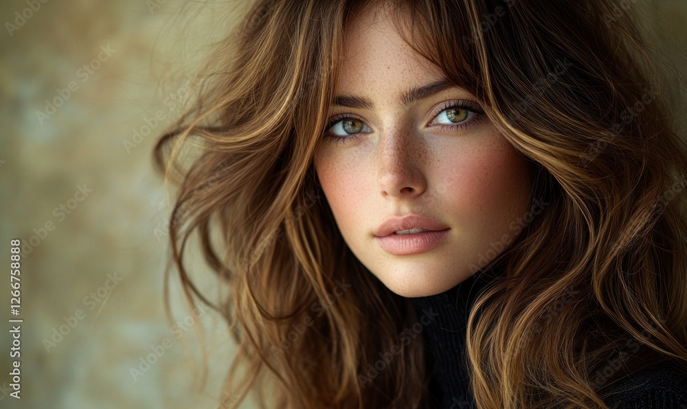 Portrait of a Beautiful Woman with Long Wavy Brown Hair in Soft Natural Lighting Portrait of a Beautiful Woman with Long Wavy Brown Hair in Soft Natural Lighting