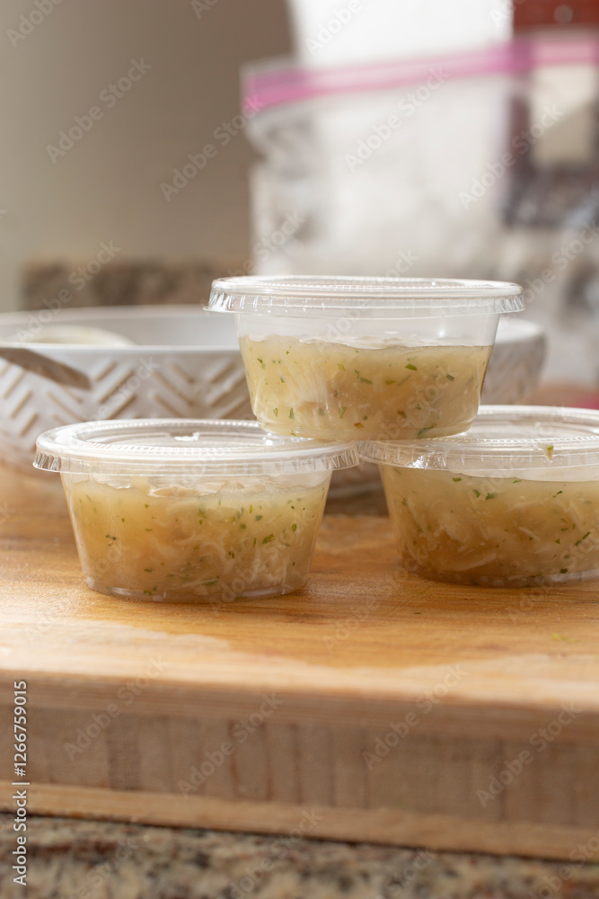 A view of a stack of plastic condiment cups filled with chicken gravy. A view of a stack of plastic condiment cups filled with chicken gravy.