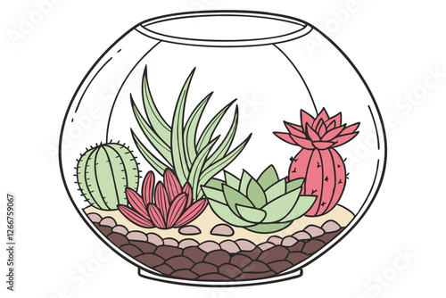  Photograph of a clear glass terrarium, filled with various types of small, low-maintenance succulents and cacti. The terrarium has a round shape with a wide base and a narrow opening at the top. Th