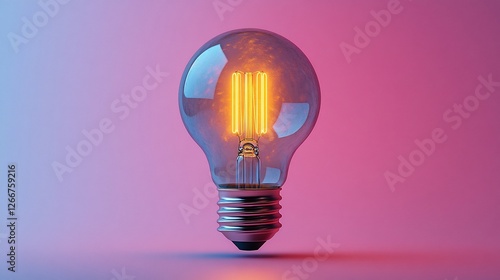 Illuminated light bulb glowing warmly against a gradient pink and blue background