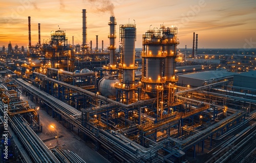 Wallpaper Mural Illuminated Industrial Refinery at Dusk: A Panorama of Energy Production Torontodigital.ca