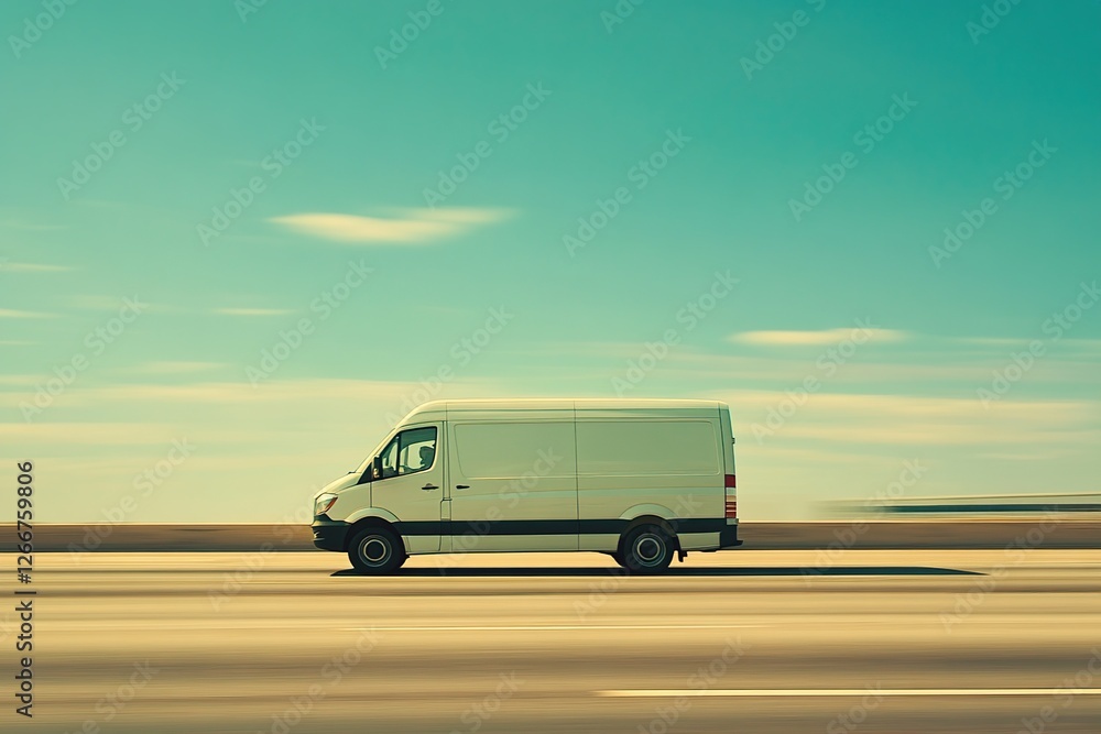 White Cargo Van Drives Fast on Open Road, Speedy Delivery Service, Efficient Transportation System White Cargo Van Drives Fast on Open Road, Speedy Delivery Service, Efficient Transportation System
