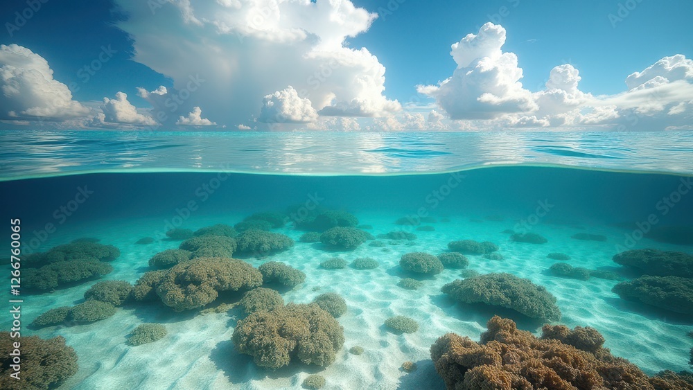 Split view of a bleached coral reef underwater and a tropical sky above Split view of a bleached coral reef underwater and a tropical sky above