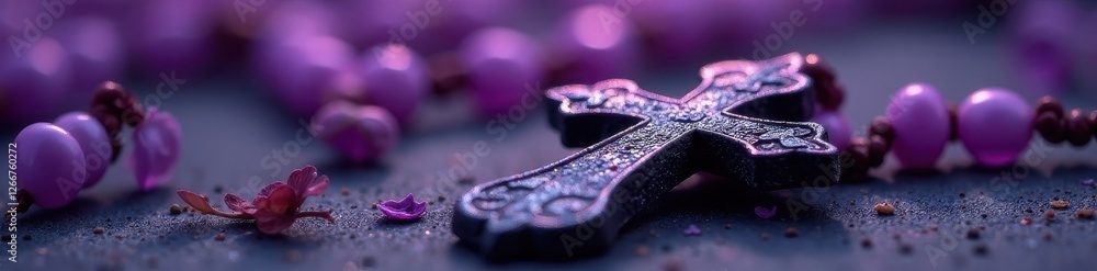 Close-up, ash cross on violet, rosary details , violet, sacred, texture Close-up, ash cross on violet, rosary details , violet, sacred, texture