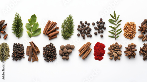 Fresh herbs and spices arranged in colorful display, showcasing various textures and colors, perfect for culinary inspiration photo