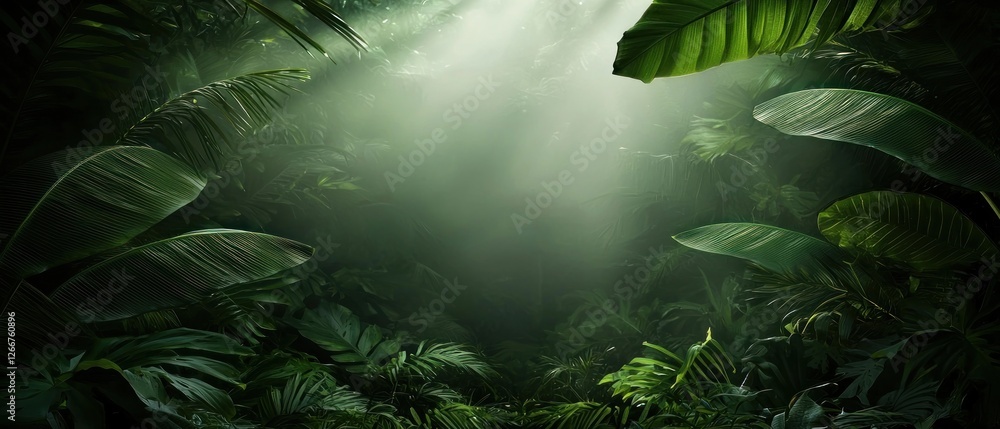 Fototapeta premium Lush Jungle Sunlight Filters Through Foliage