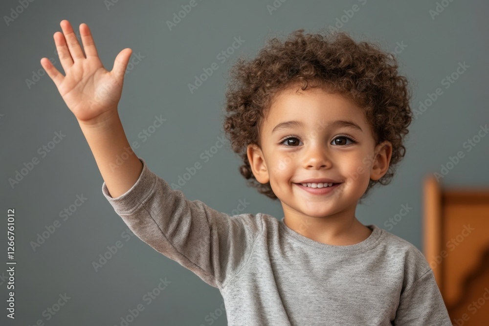 small child looks at the camera with a big smile on his face. picture shows a joyful and playful mood, the child enjoys the moment of interaction with the viewer. Give me five small child looks at the camera with a big smile on his face. picture shows a joyful and playful mood, the child enjoys the moment of interaction with the viewer. Give me five