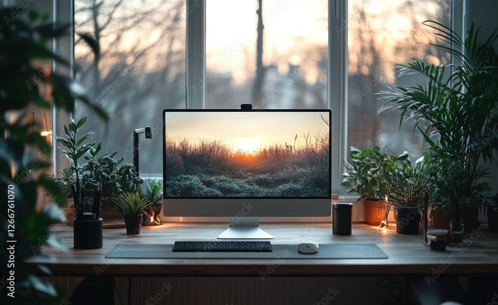 Fototapeta premium Minimalistic workspace with large white monitor and compact laptop illuminated by natural light
