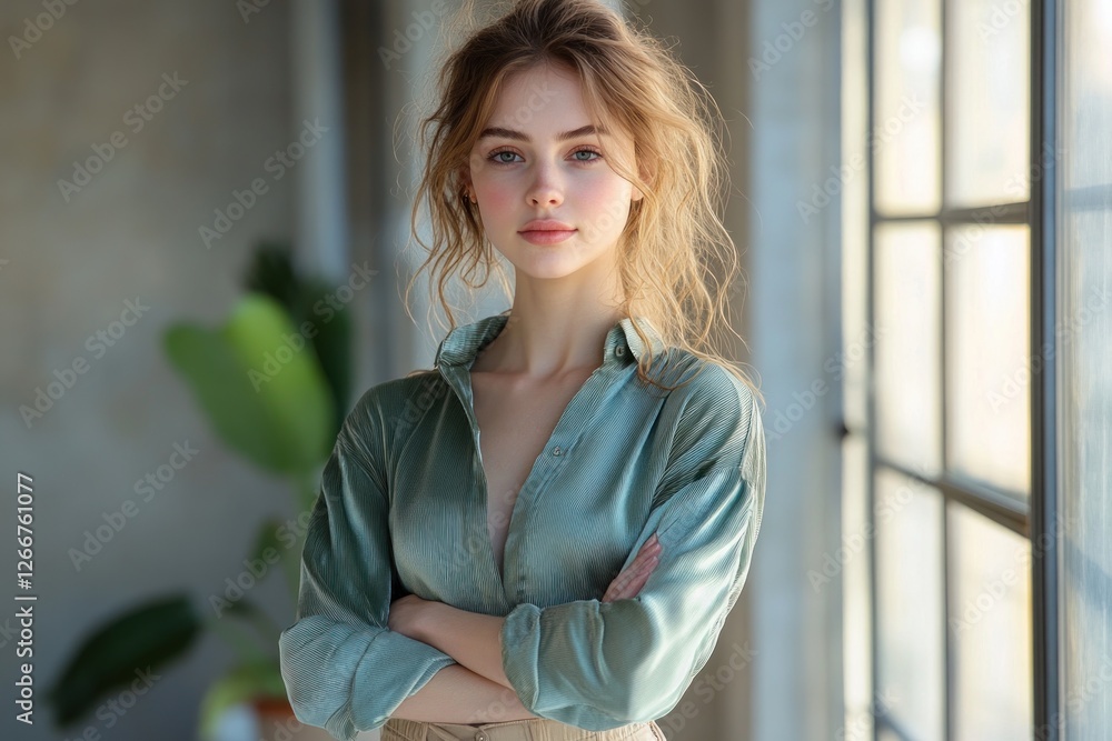 Confident Woman in Modern Office Setting with Silky Green Blouse and Beige Pants Confident Woman in Modern Office Setting with Silky Green Blouse and Beige Pants