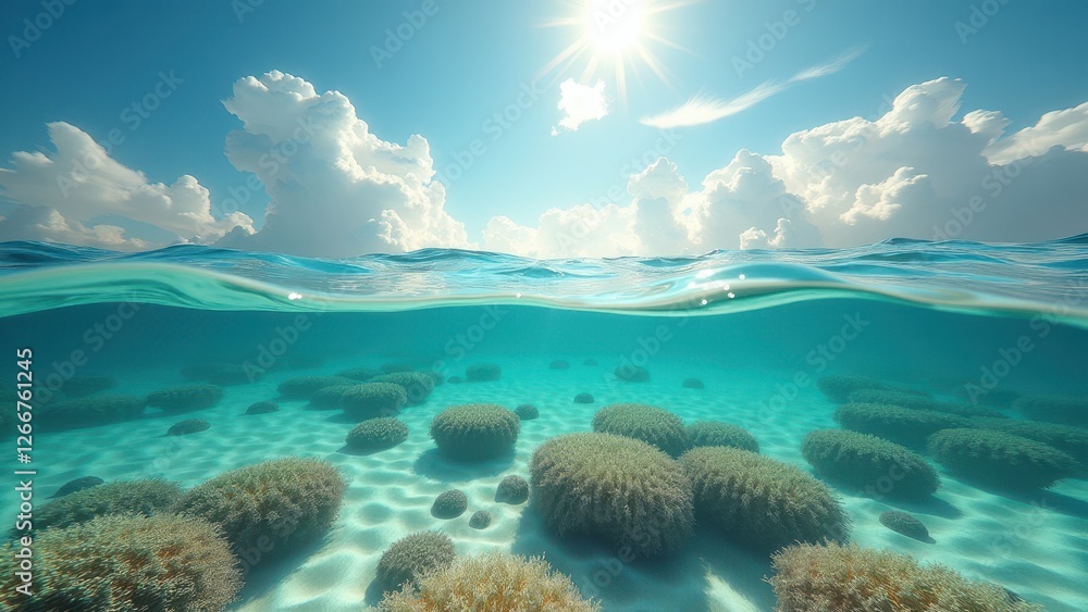 Fototapeta premium Split view of a bleached coral reef underwater and a tropical sky above 