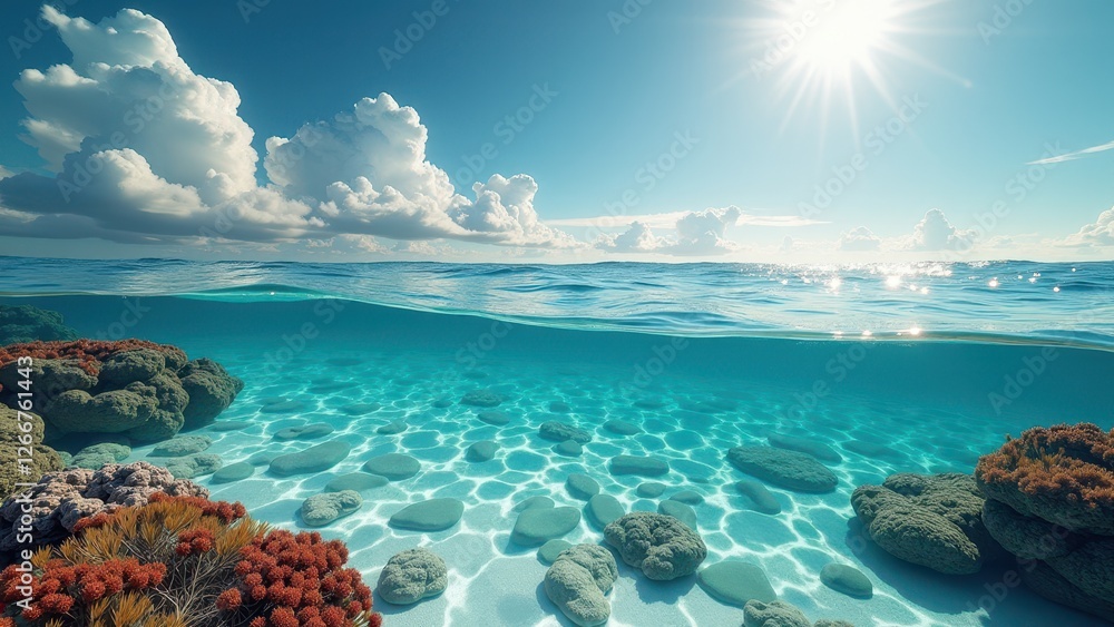 Split view of a bleached coral reef underwater and a tropical sky above Split view of a bleached coral reef underwater and a tropical sky above