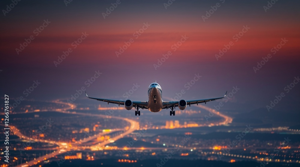 A commercial airplane soars into the evening sky as city lights illuminate the landscape below. The dusk colors enhance the thrill of air travel, capturing the excitement of a spring break trip. A commercial airplane soars into the evening sky as city lights illuminate the landscape below. The dusk colors enhance the thrill of air travel, capturing the excitement of a spring break trip.