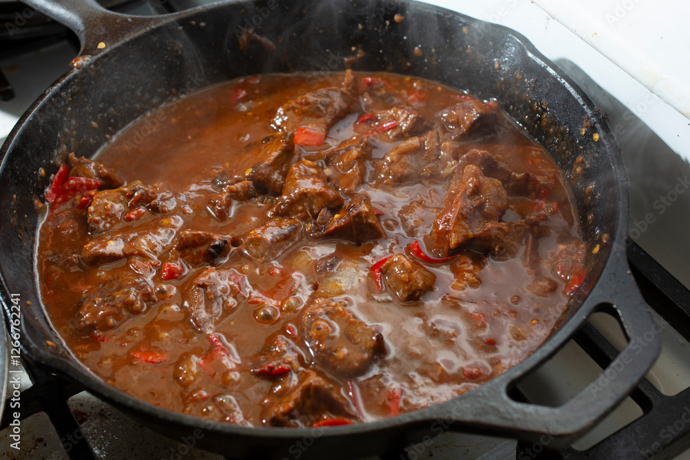 A view of carne guisada cooking in a cast iron skillet. A view of carne guisada cooking in a cast iron skillet.